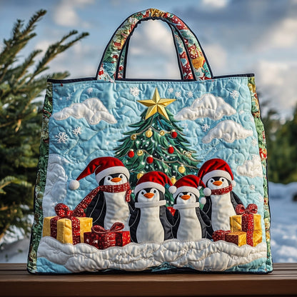 Christmas Penguins Tree Quilted Tote