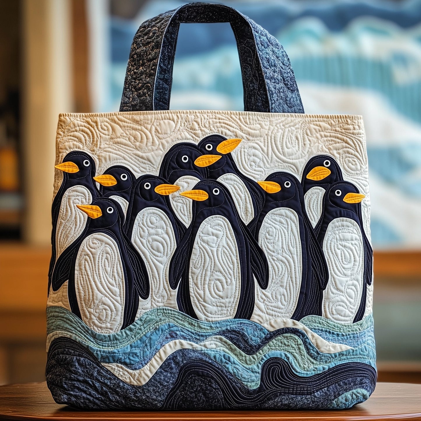 Penguins Winter Scene Quilted Tote