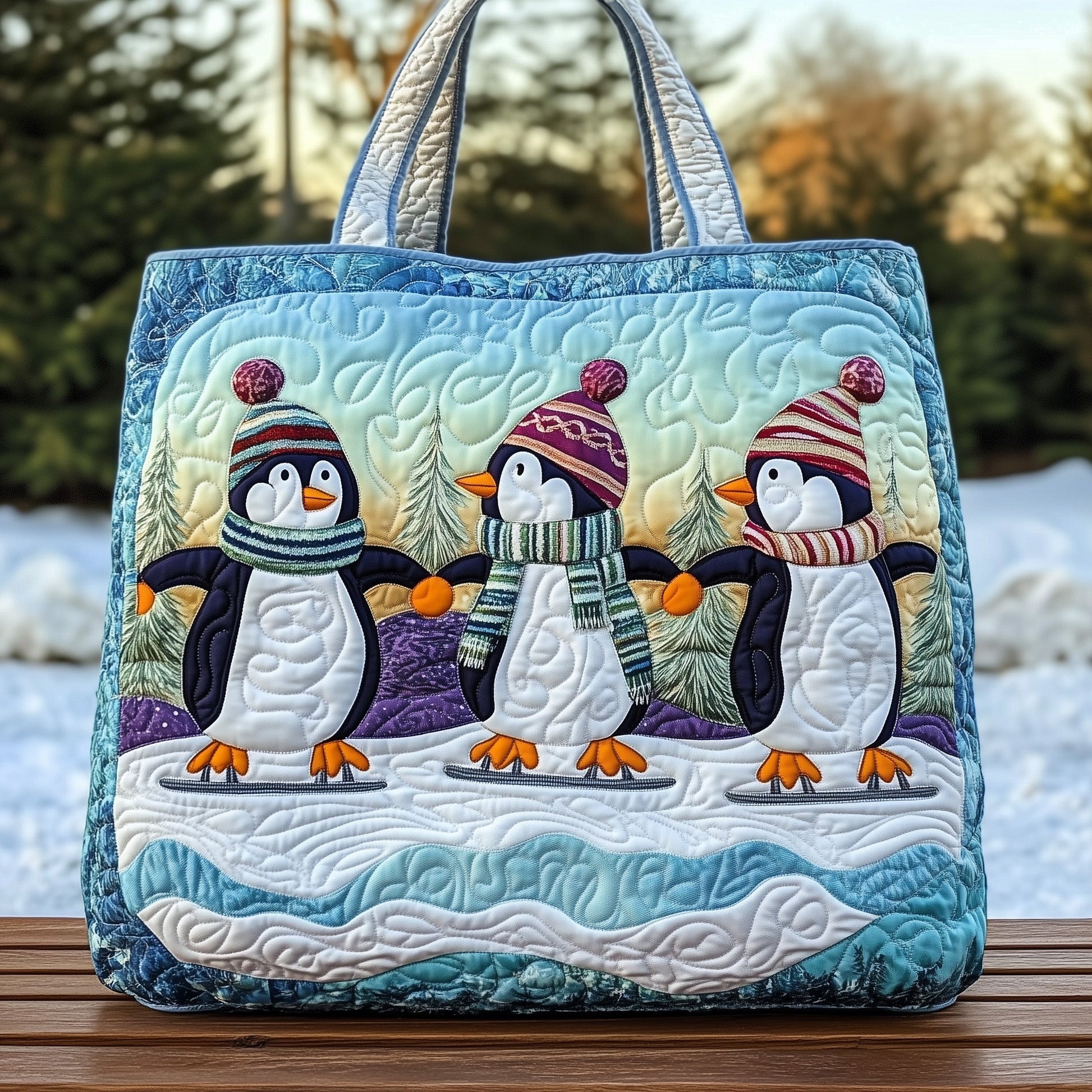 Penguins In Winter Hats Quilted Tote
