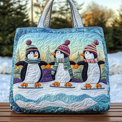 Penguins In Winter Hats Quilted Tote