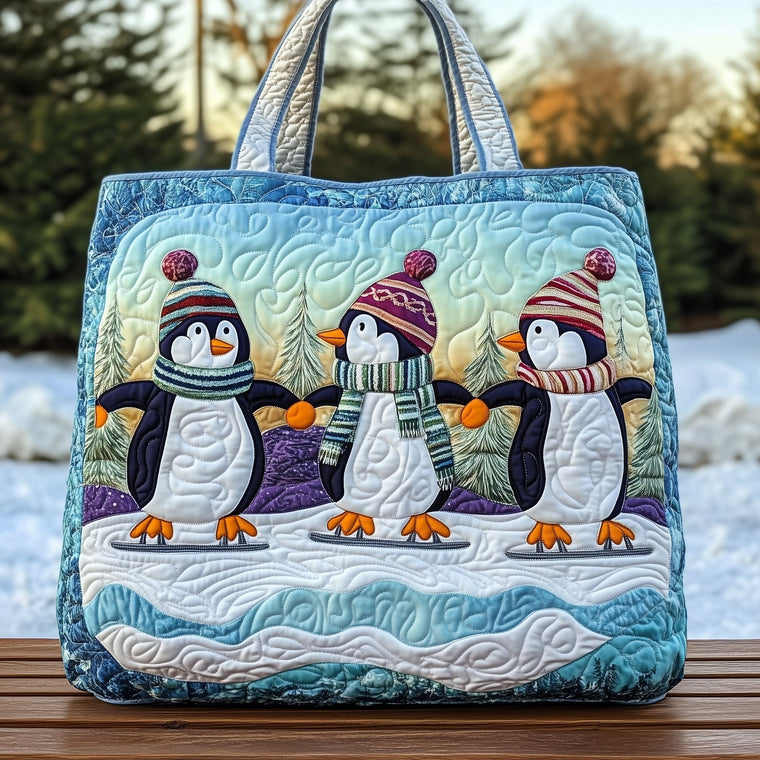 Penguins In Winter Hats Quilted Tote
