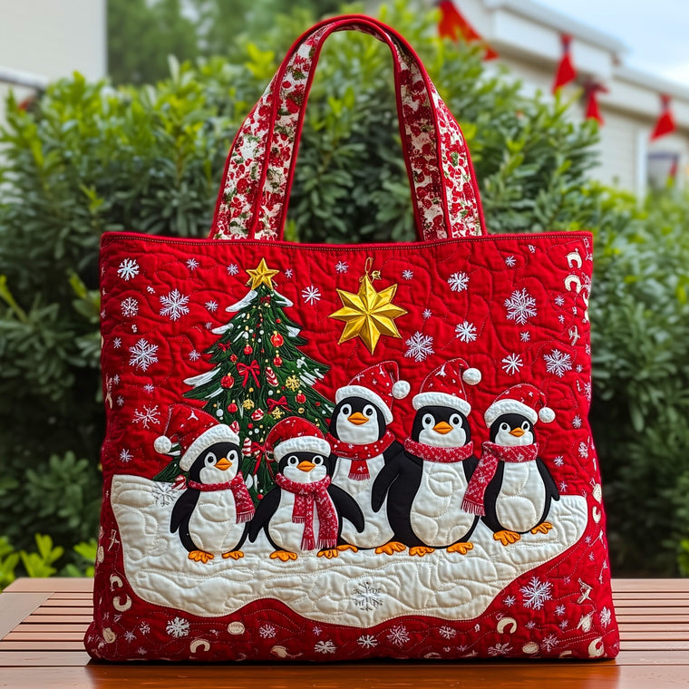 Penguins Christmas Tree Quilted Tote
