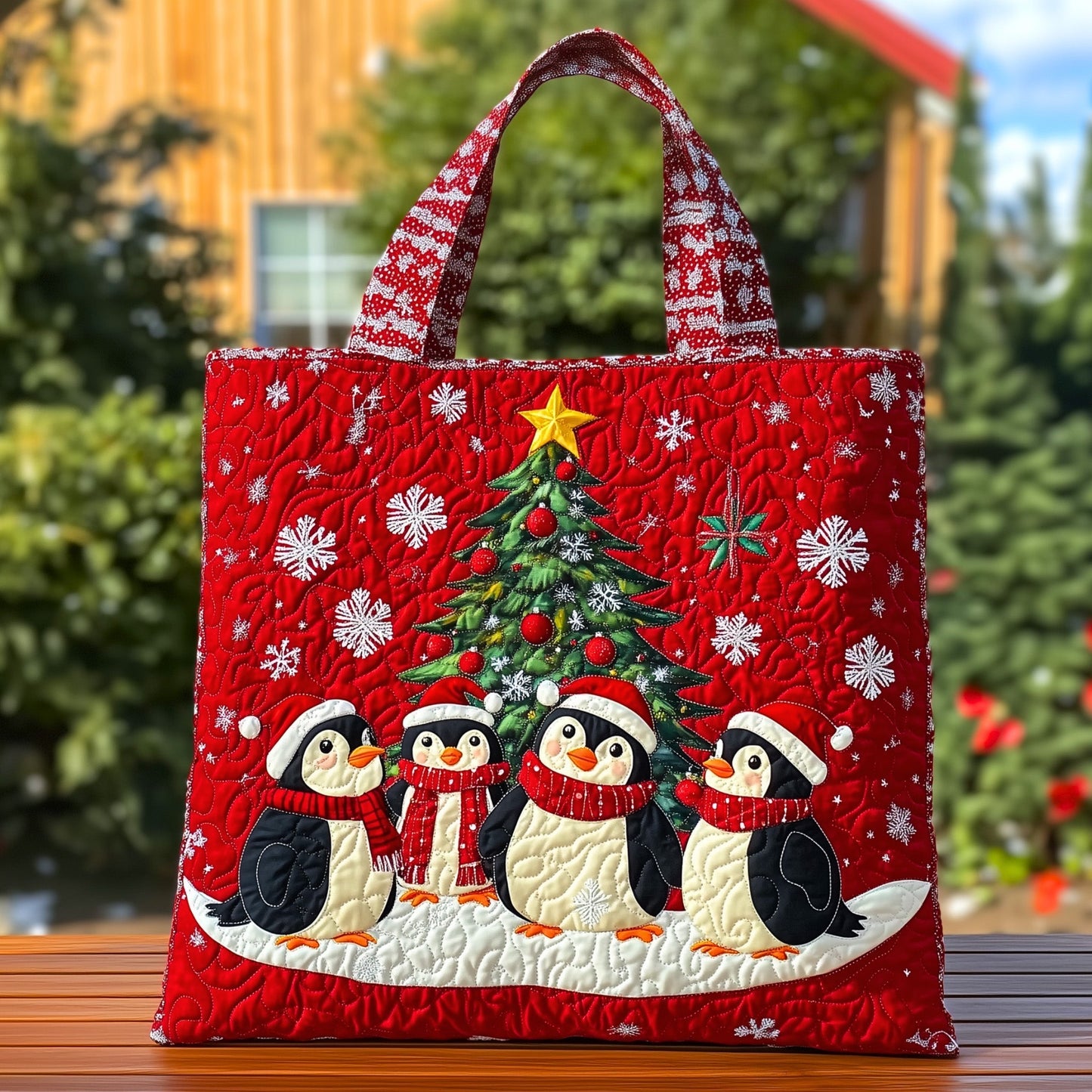 Penguins Christmas Tree Snowflakes Quilted Tote