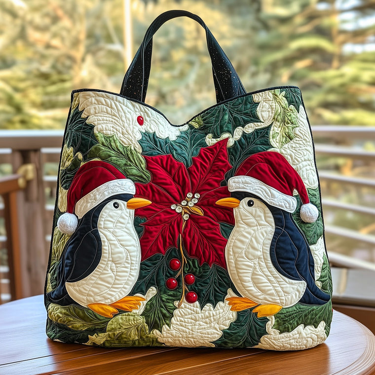 Penguins Christmas Hat Quilted Tote