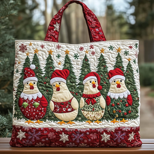 Christmas Chickens Trees Quilted Tote