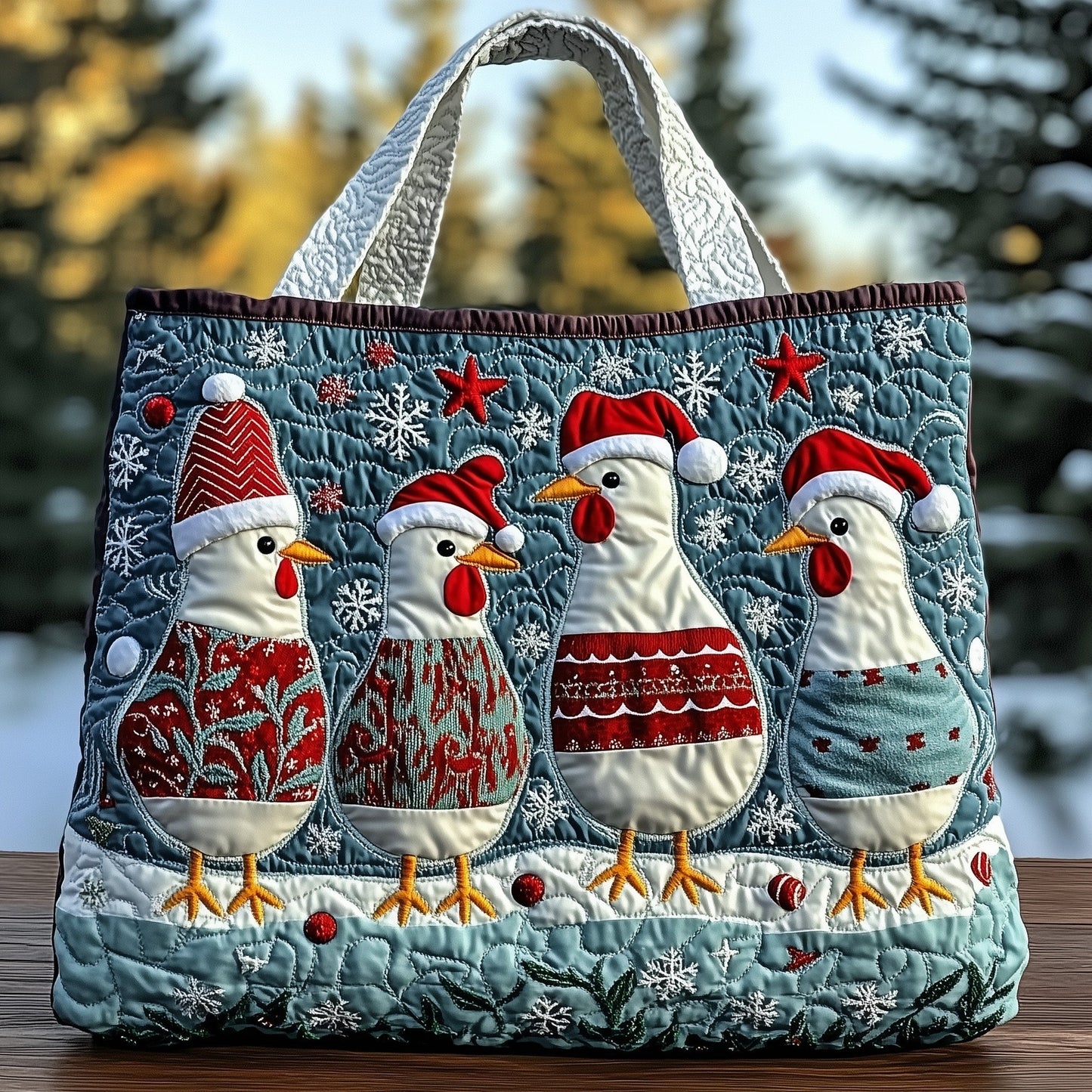 Everyday Christmas Chickens Quilted Tote