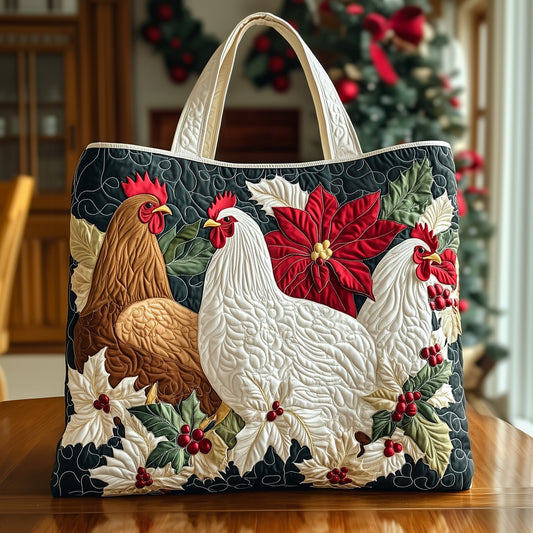 Chickens Poinsettia Holiday Quilted Tote