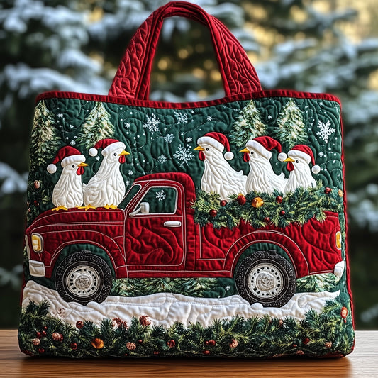 Red Truck Chickens Quilted Tote