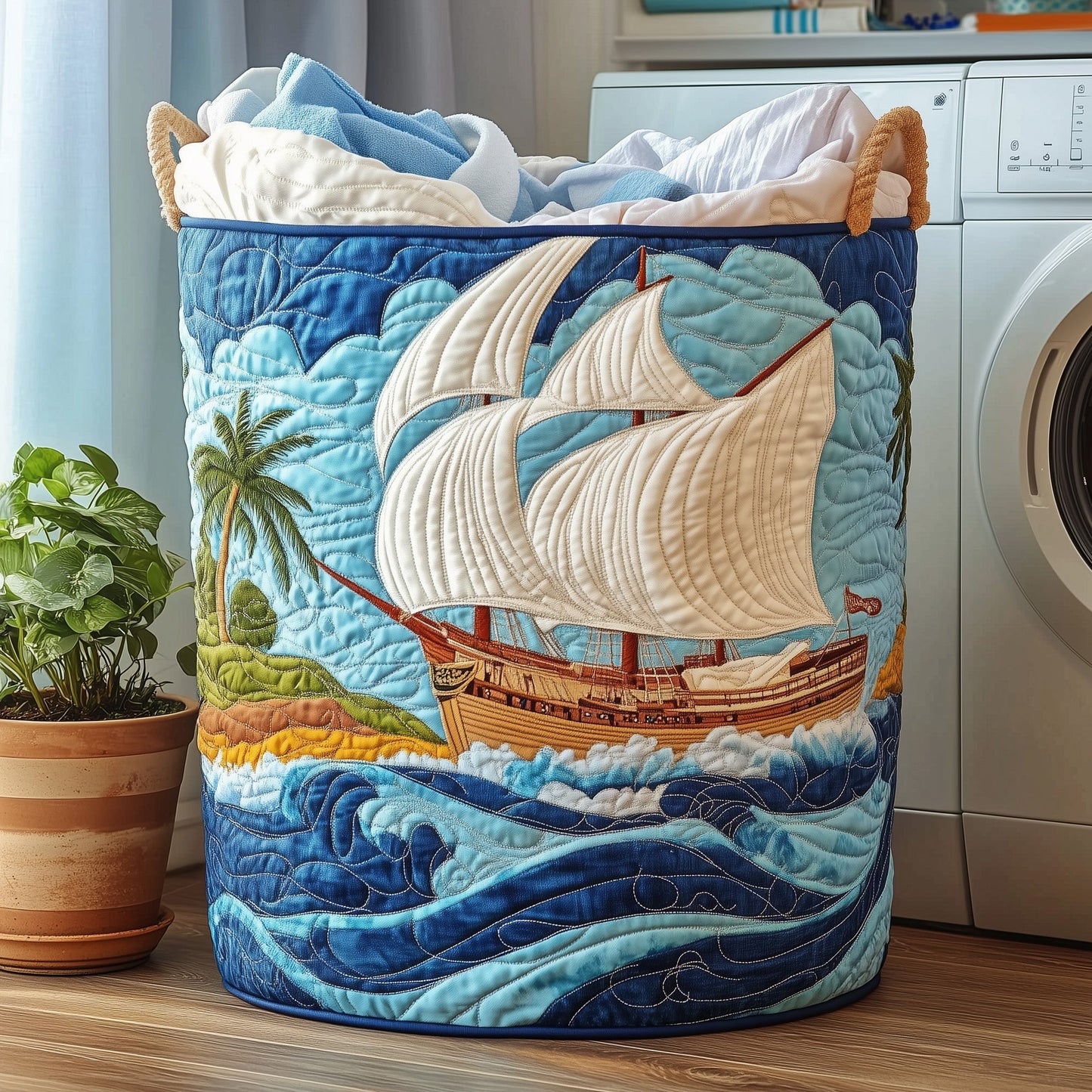 The Sailling Ship Quilted Laundry Basket Tote 0404