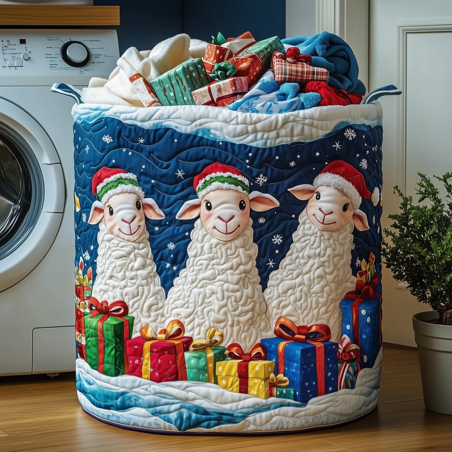 The Christmas Sheep Heaven Quilted Laundry Basket Tote
