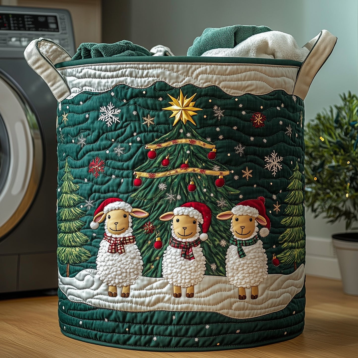 The Christmas Sheep Heaven Quilted Laundry Basket Tote