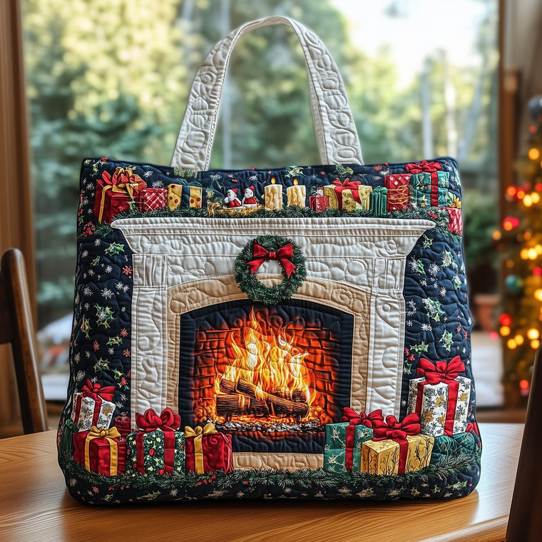 Christmas Fireplace Scene Quilted Tote