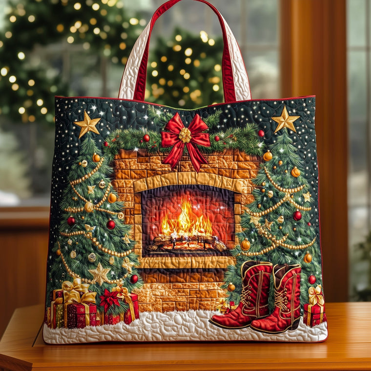 Cozy Christmas Fireplace Quilted Tote