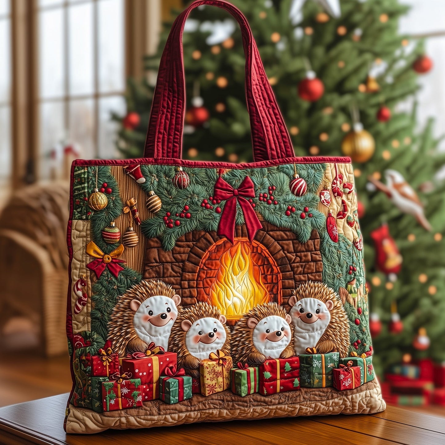 Christmas Fireplace Hedgehogs Quilted Tote