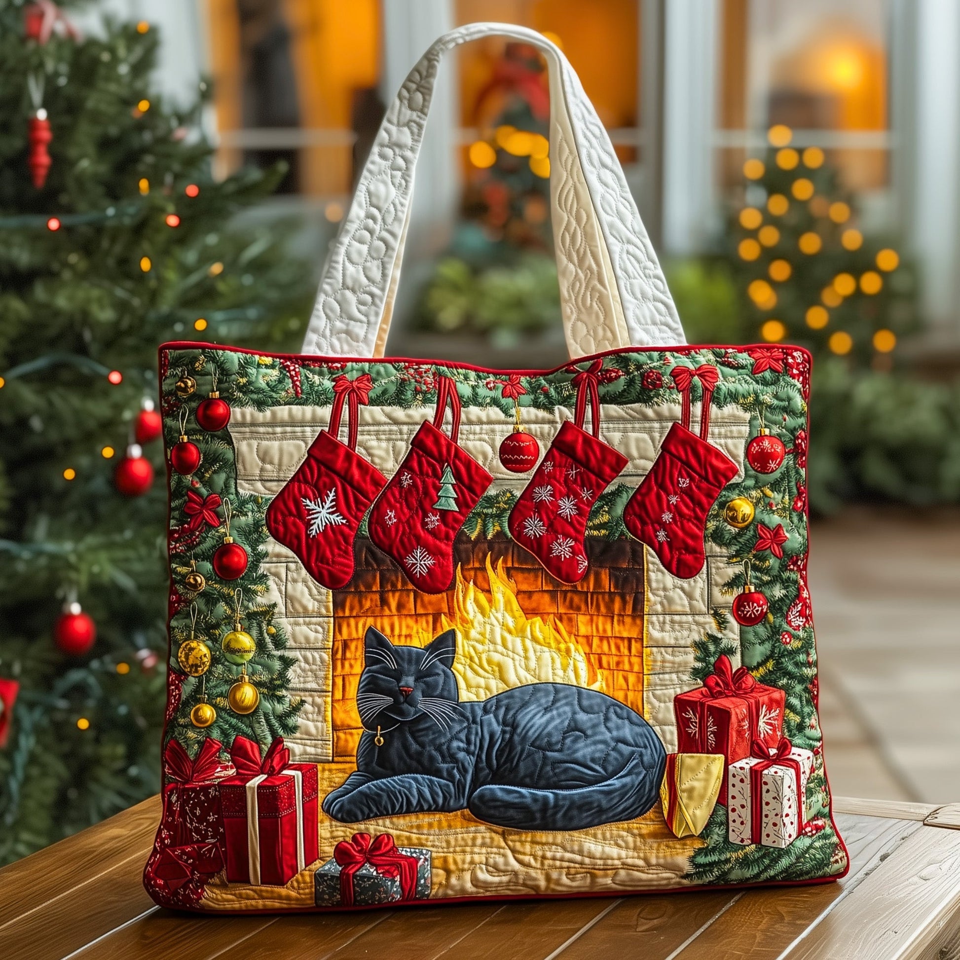Christmas Fireplace Cat Quilted Tote