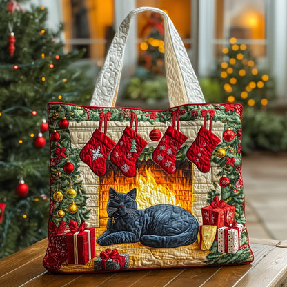 Christmas Fireplace Cat Quilted Tote