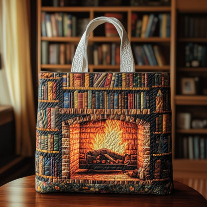 Everyday Fireplace Bookshelf Quilted Tote