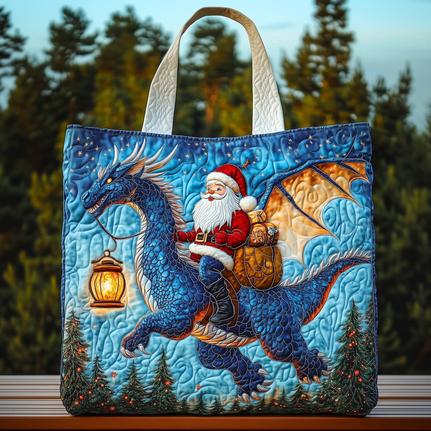 Santa Riding Dragon Quilted Tote