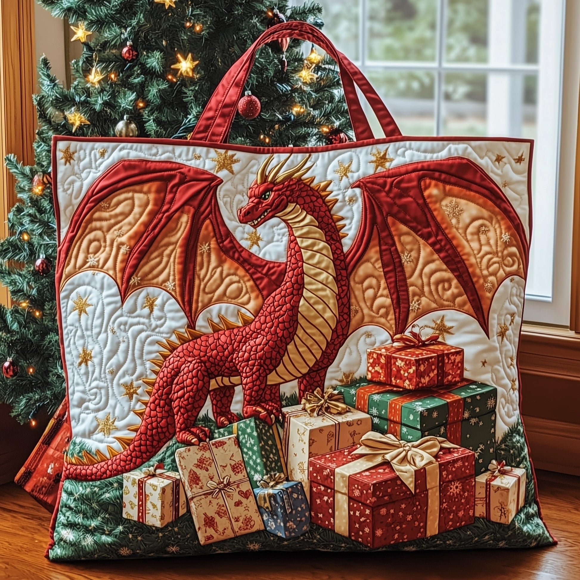 Red Dragon Christmas Scene Quilted Tote