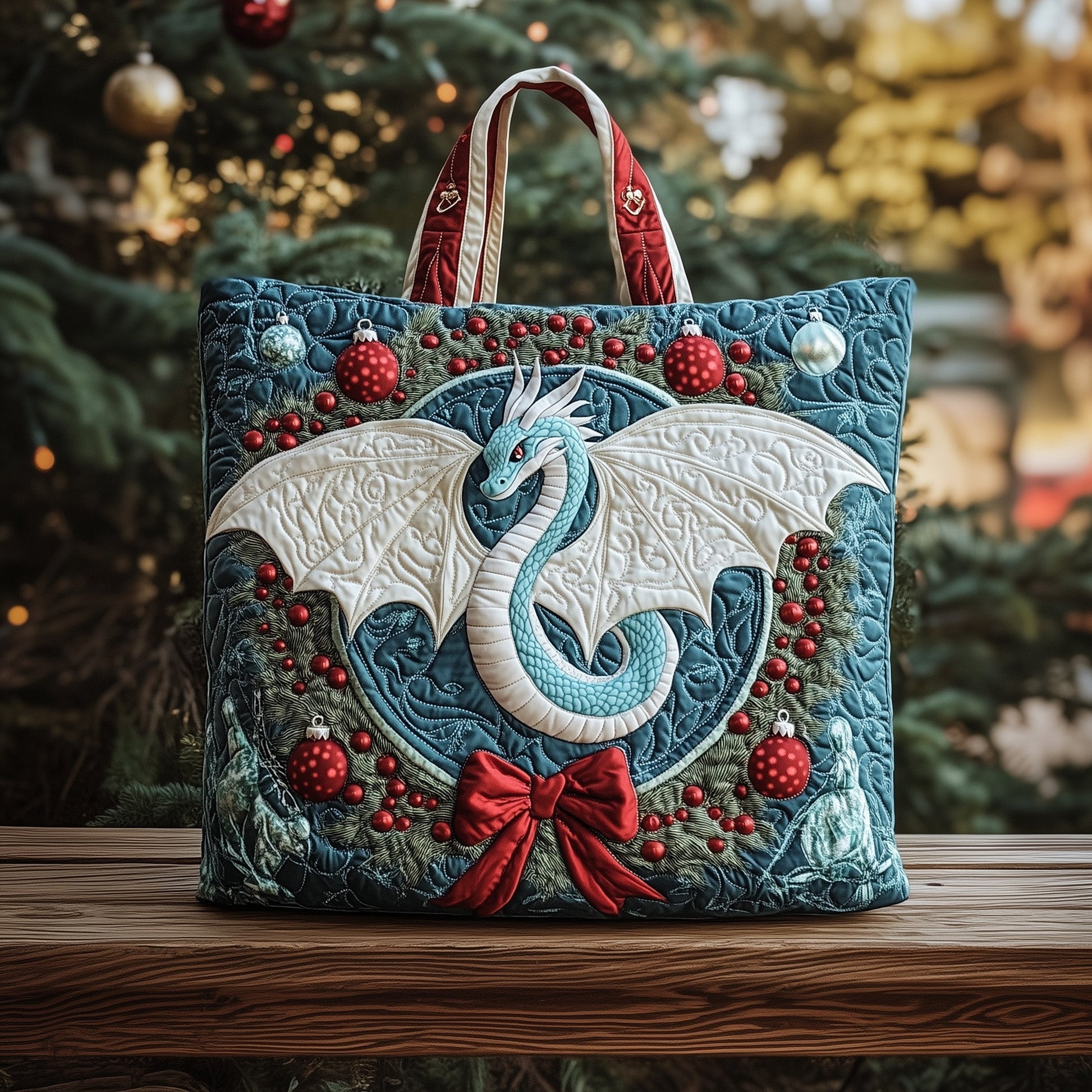 Christmas Dragon Wreath Quilted Tote