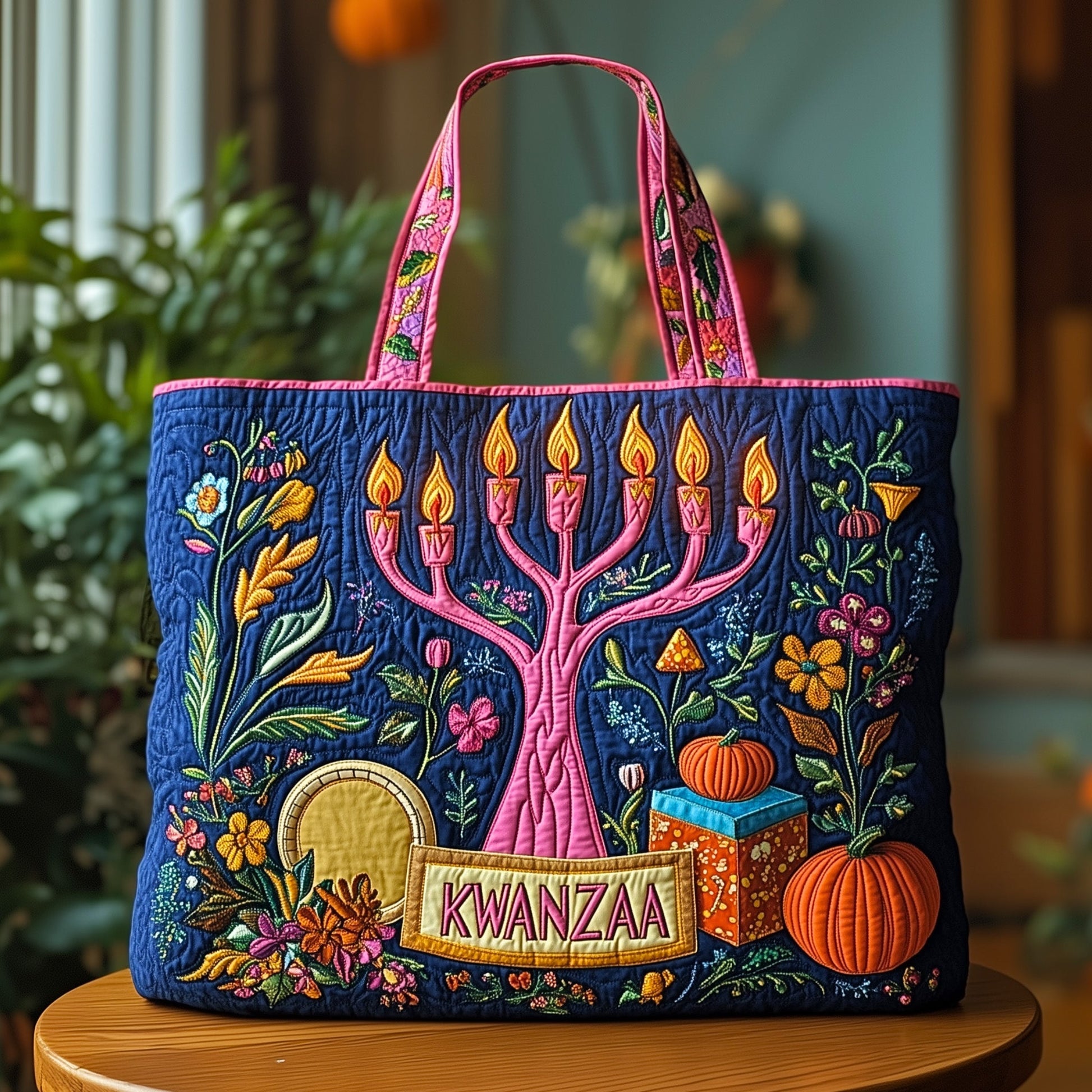 Kwanzaa Candles Pumpkins Quilted Tote
