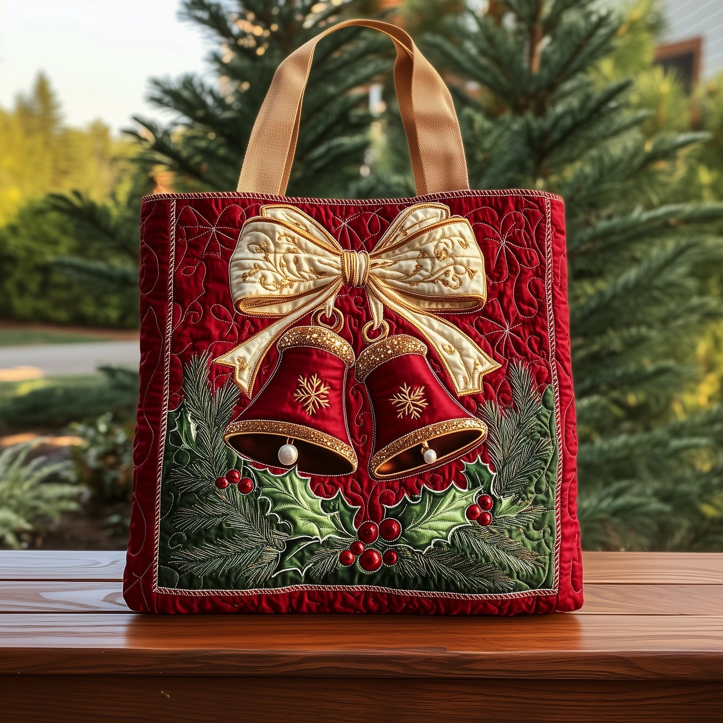 Christmas Bells Bow Quilted Tote