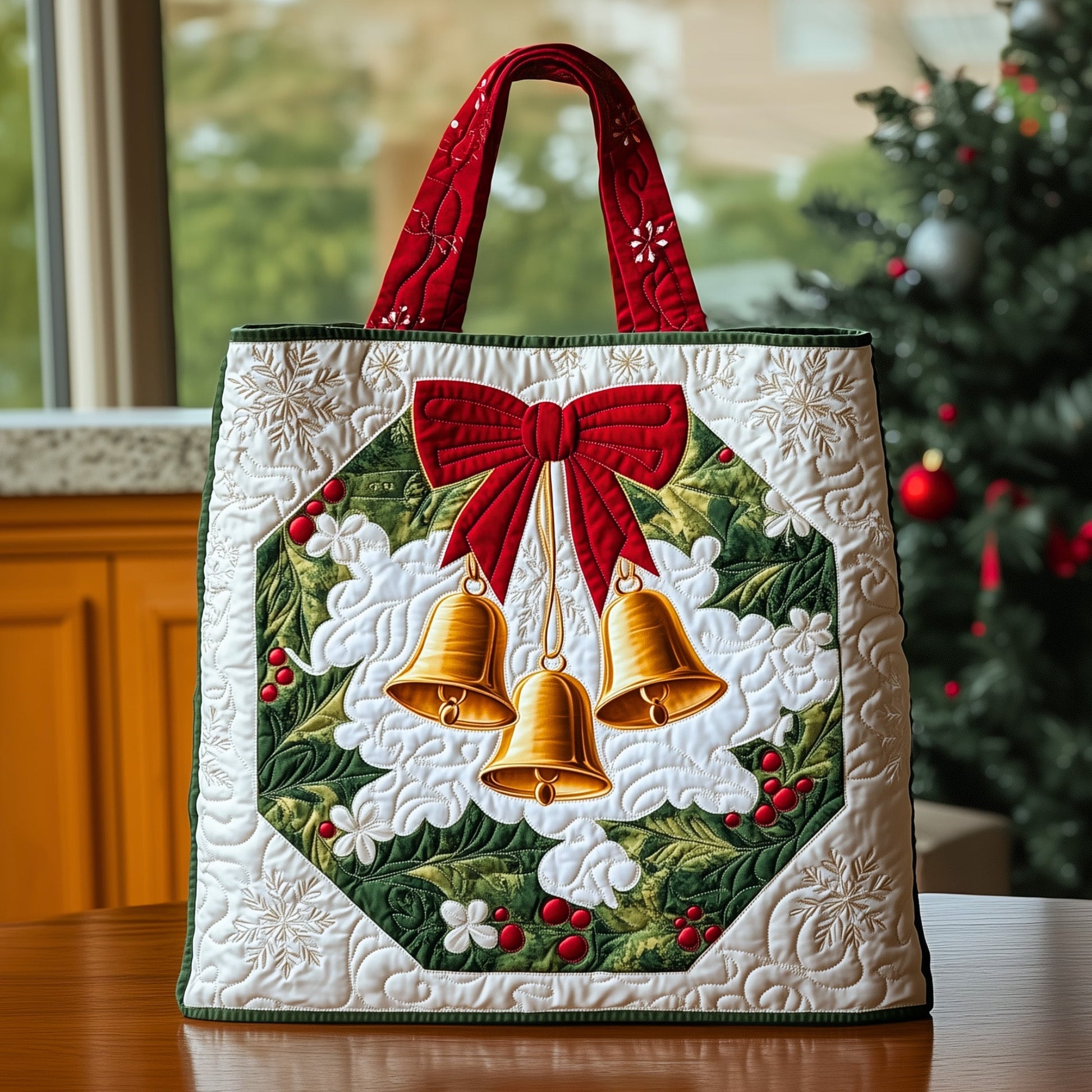 Christmas Bells Wreath Quilted Tote
