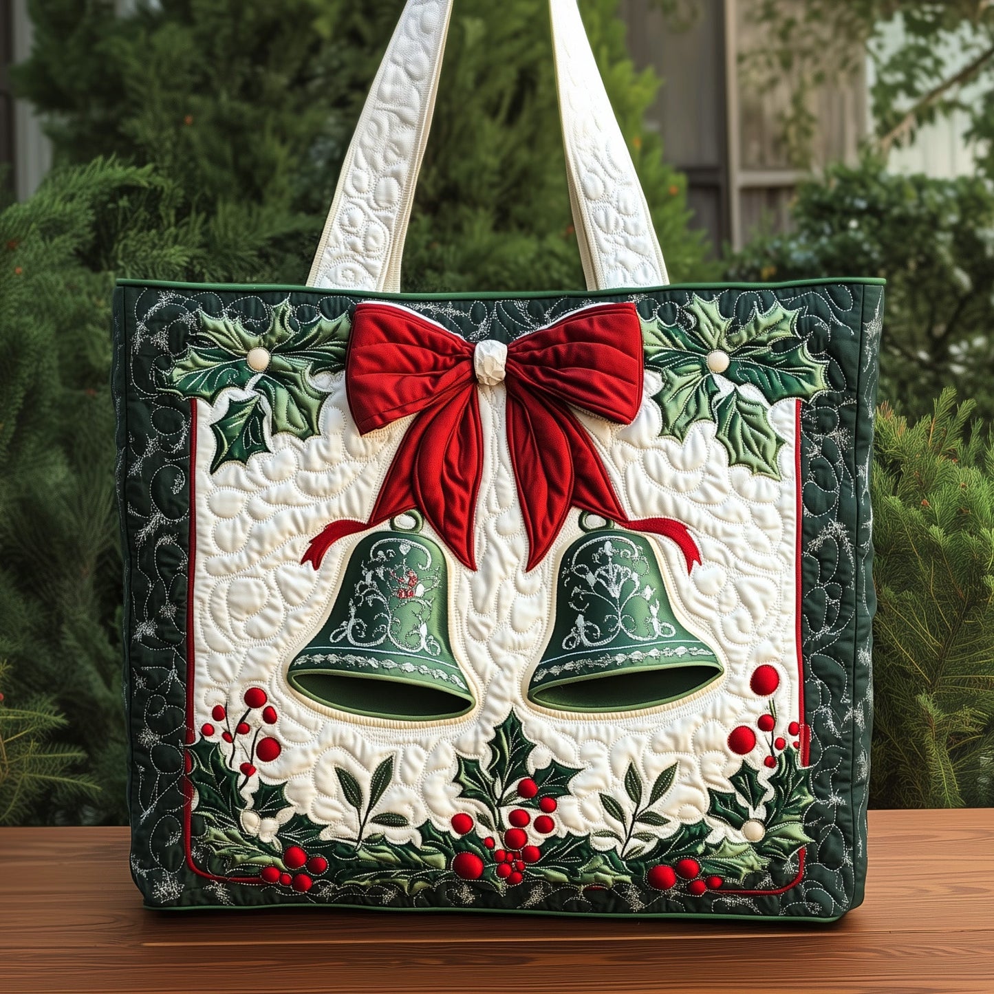 Christmas Bells Red Bow Quilted Tote