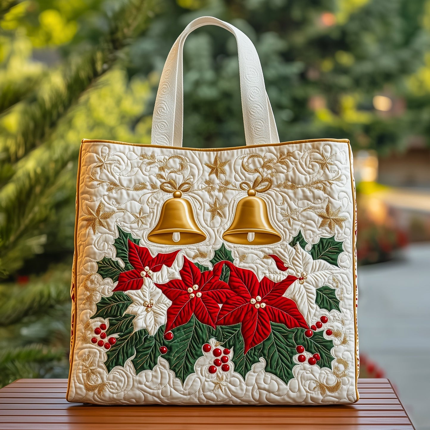 Christmas Bells Poinsettias Quilted Tote