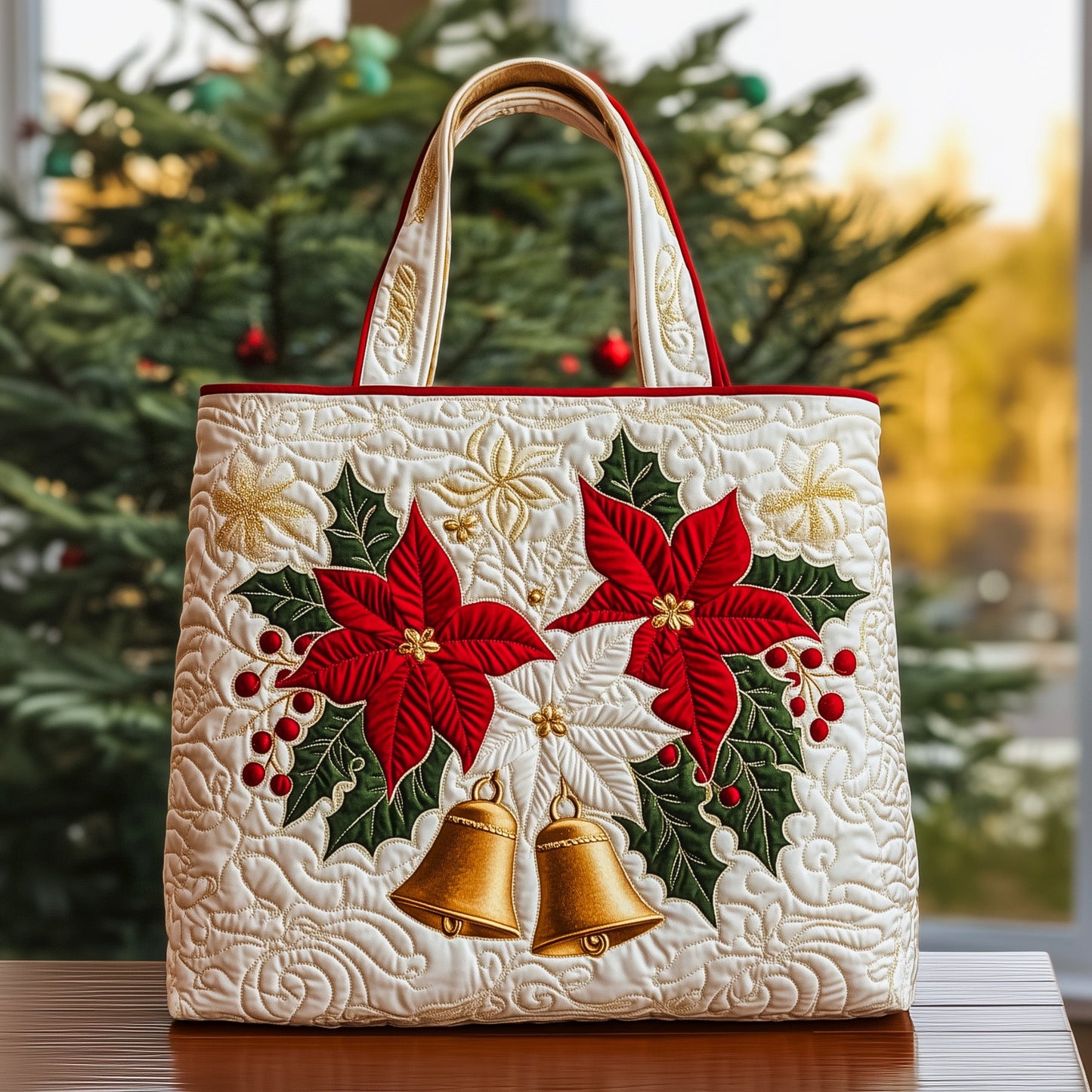 Christmas Bells Poinsettias Tote Bag