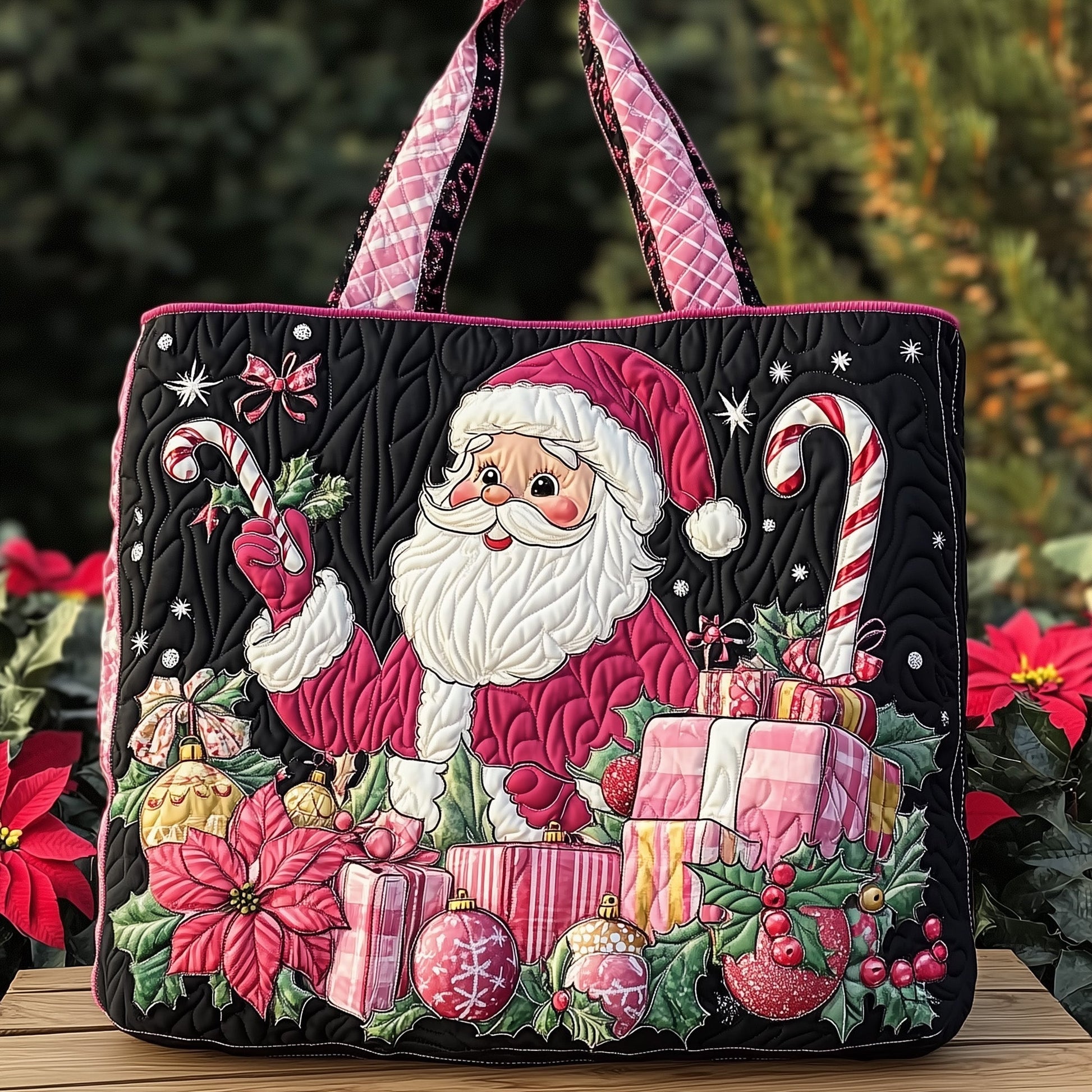 Santa Claus Candy Canes Quilted Tote