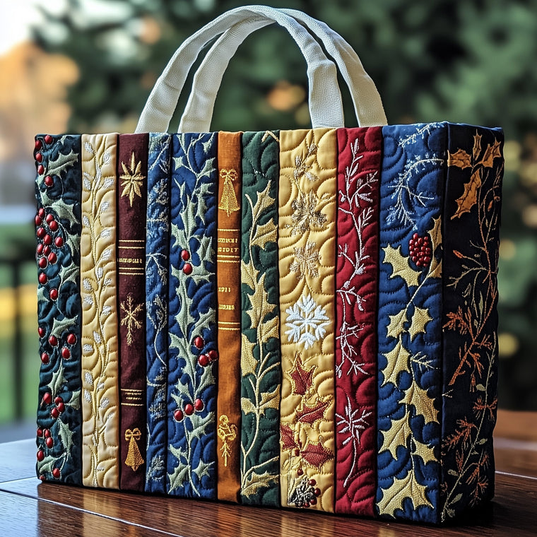 Books Holiday Embroidery Quilted Tote