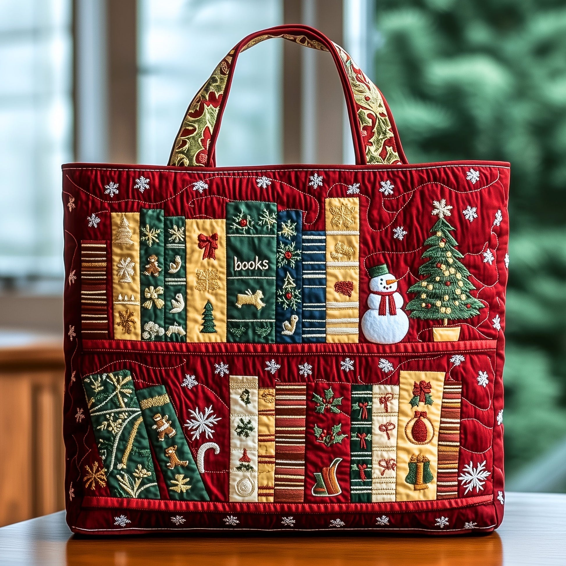Books Christmas Tree Snowman Quilted Tote