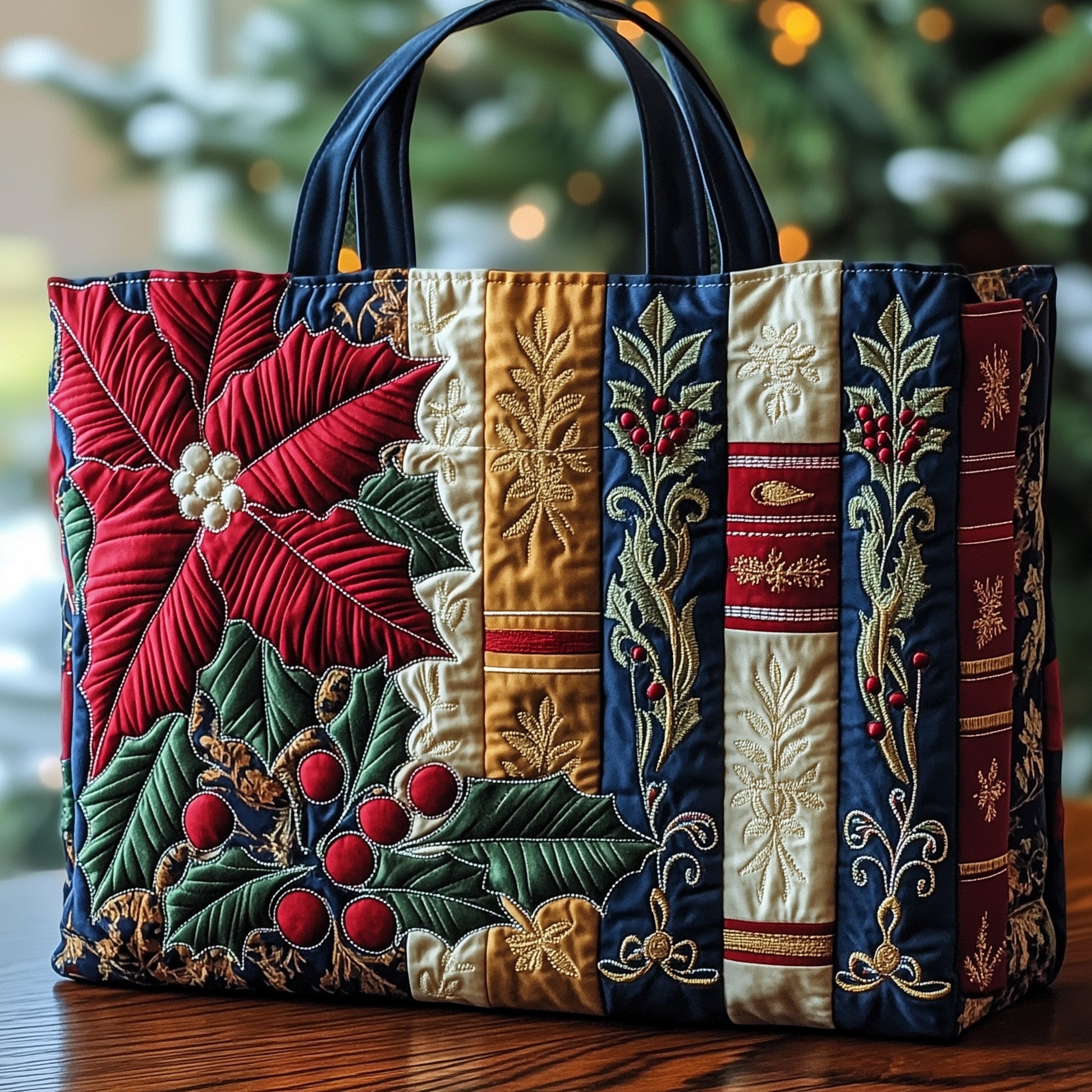 Christmas Books Poinsettia Quilted Tote