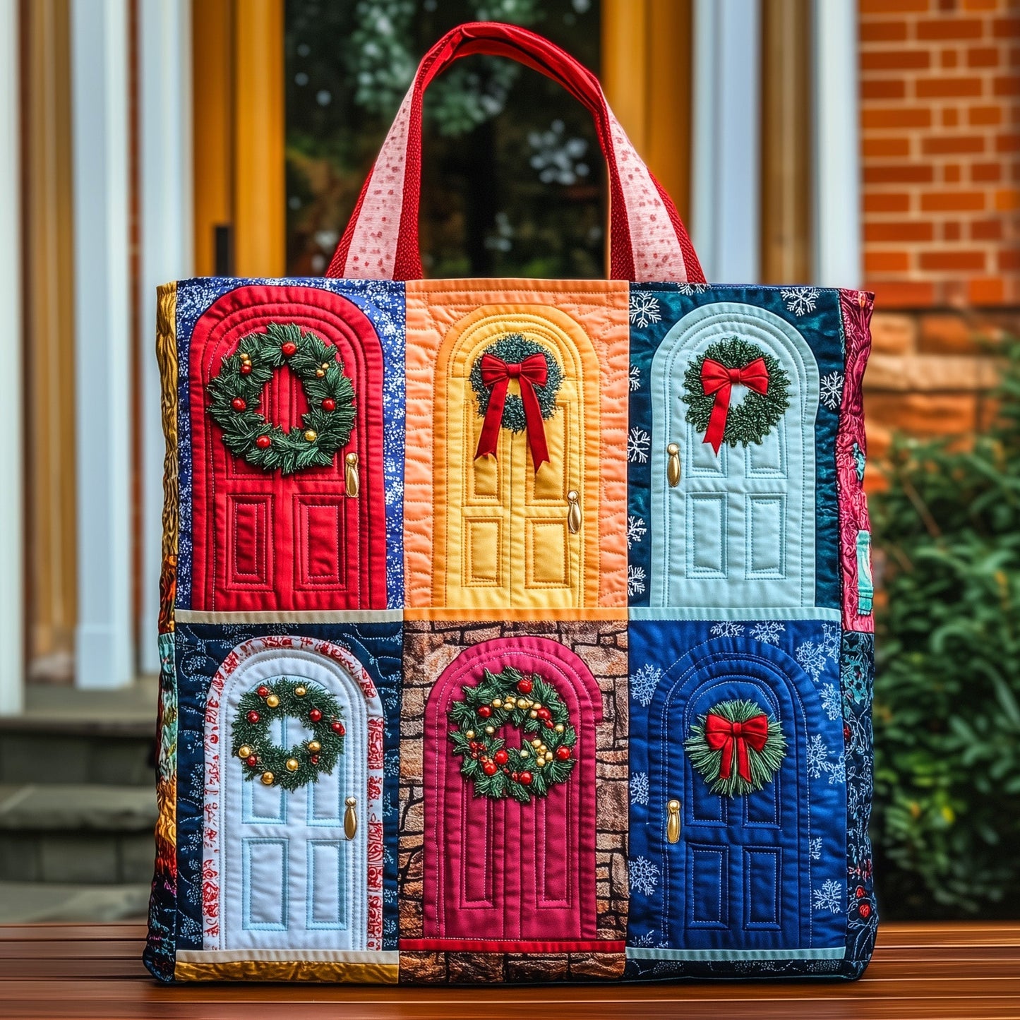 Colorful Doors Wreaths Quilted Tote