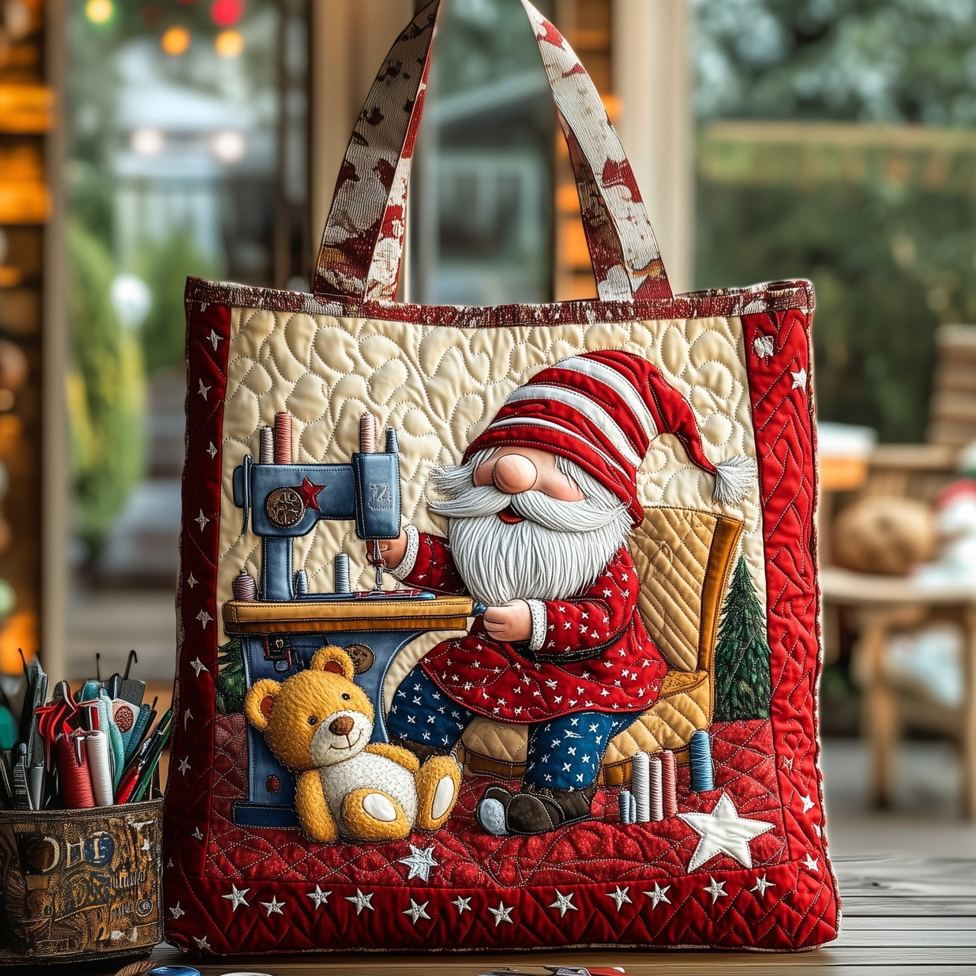 Festive Gnome Sewing Scene Quilted Tote