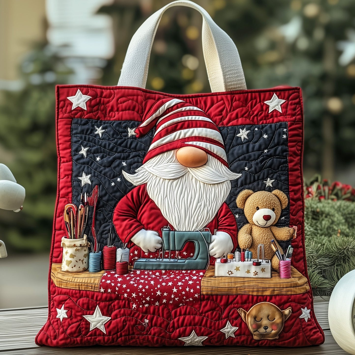 Christmas Gnome Sewing Quilted Tote