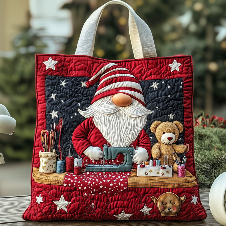 Christmas Gnome Sewing Quilted Tote
