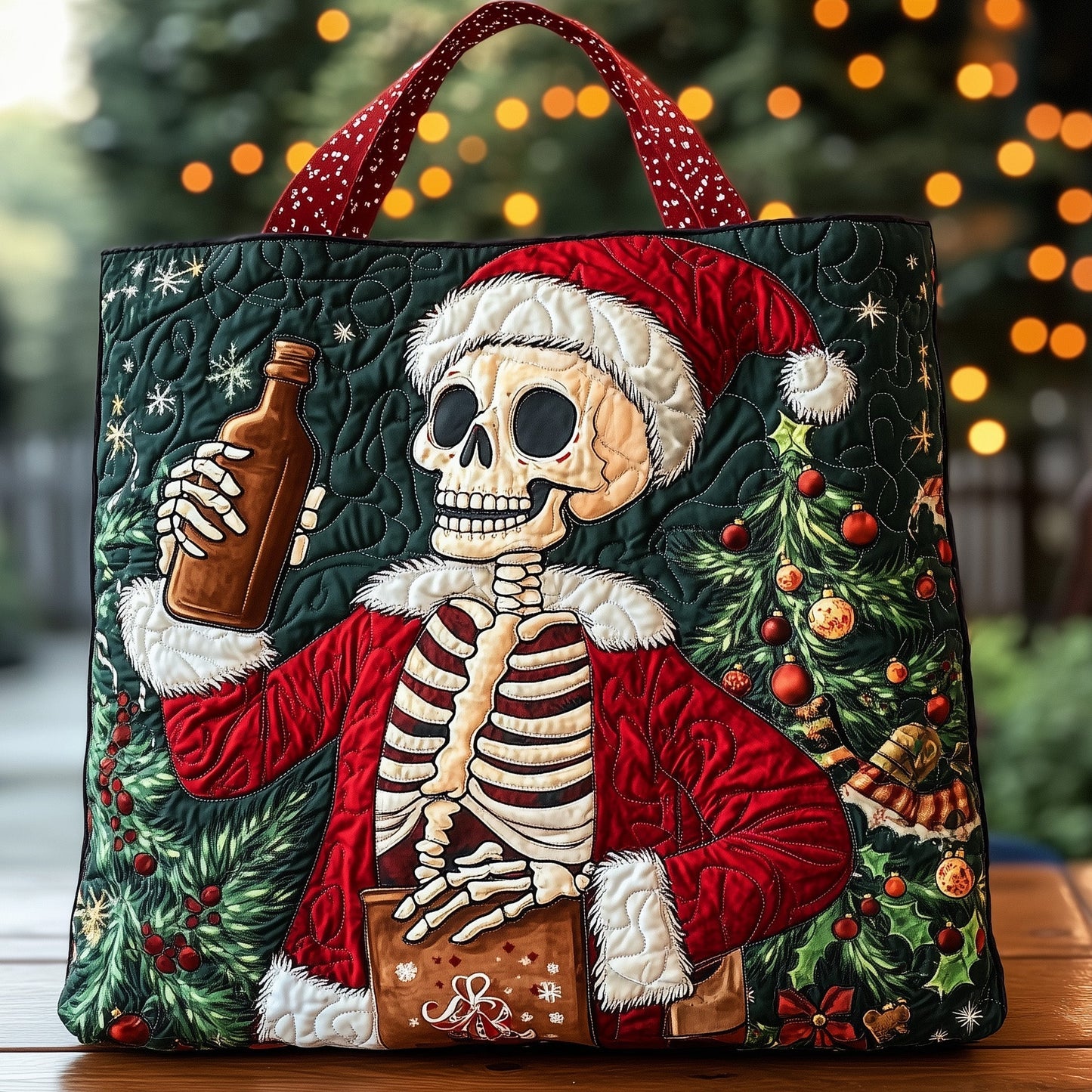 Skeleton Santa Christmas Quilted Tote