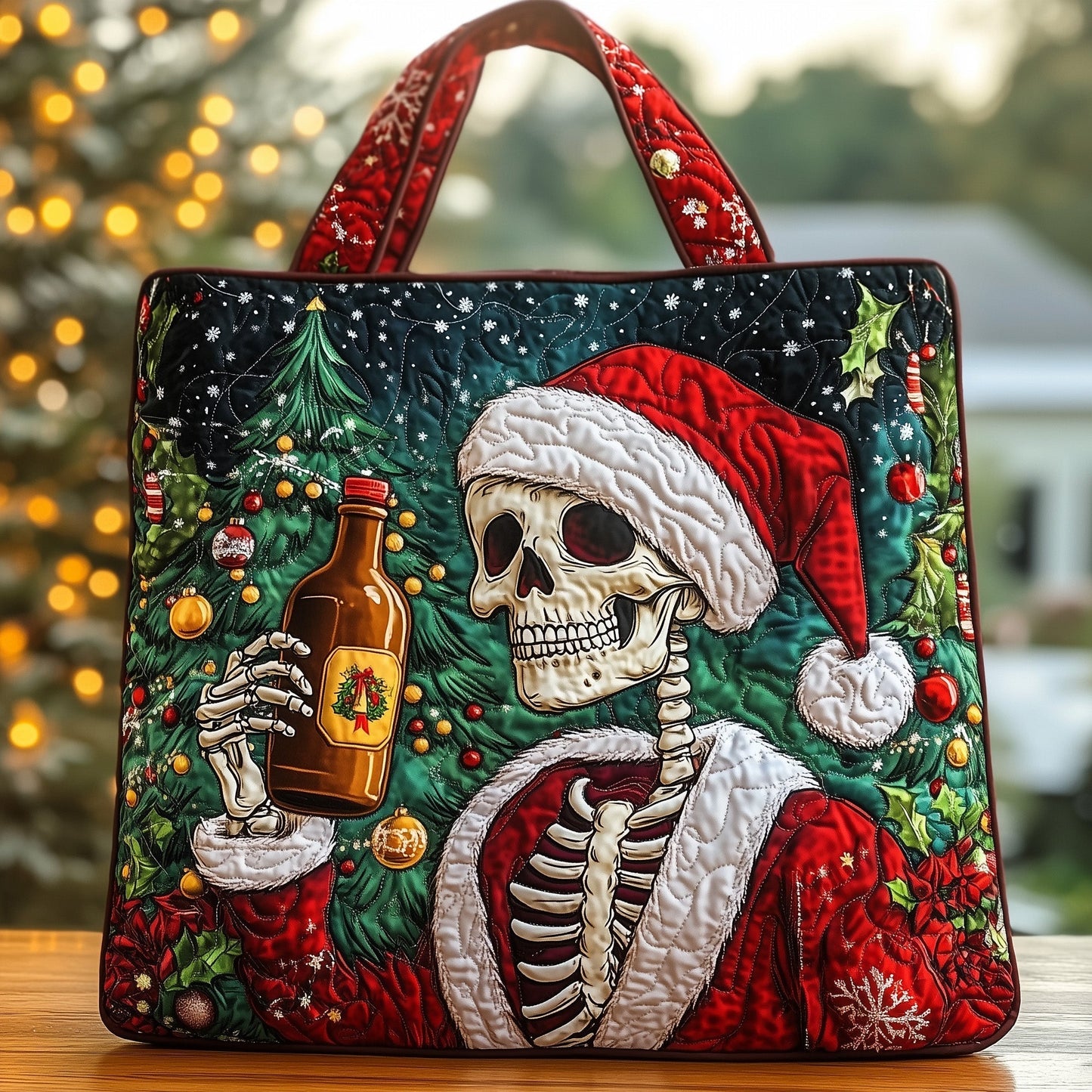 Christmas Skull Santa Hat Quilted Tote