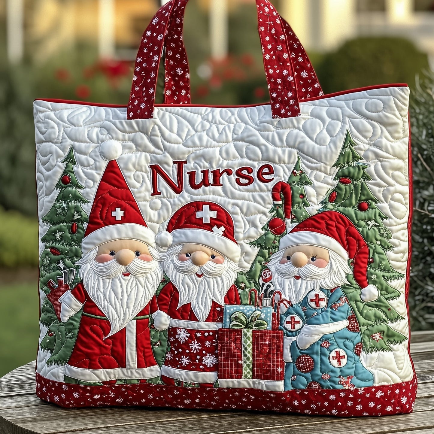 Nurse Santas Christmas Trees Quilted Tote