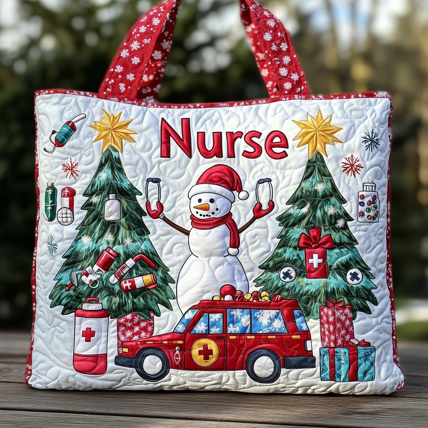 Snowman Nurse Christmas Trees Quilted Tote