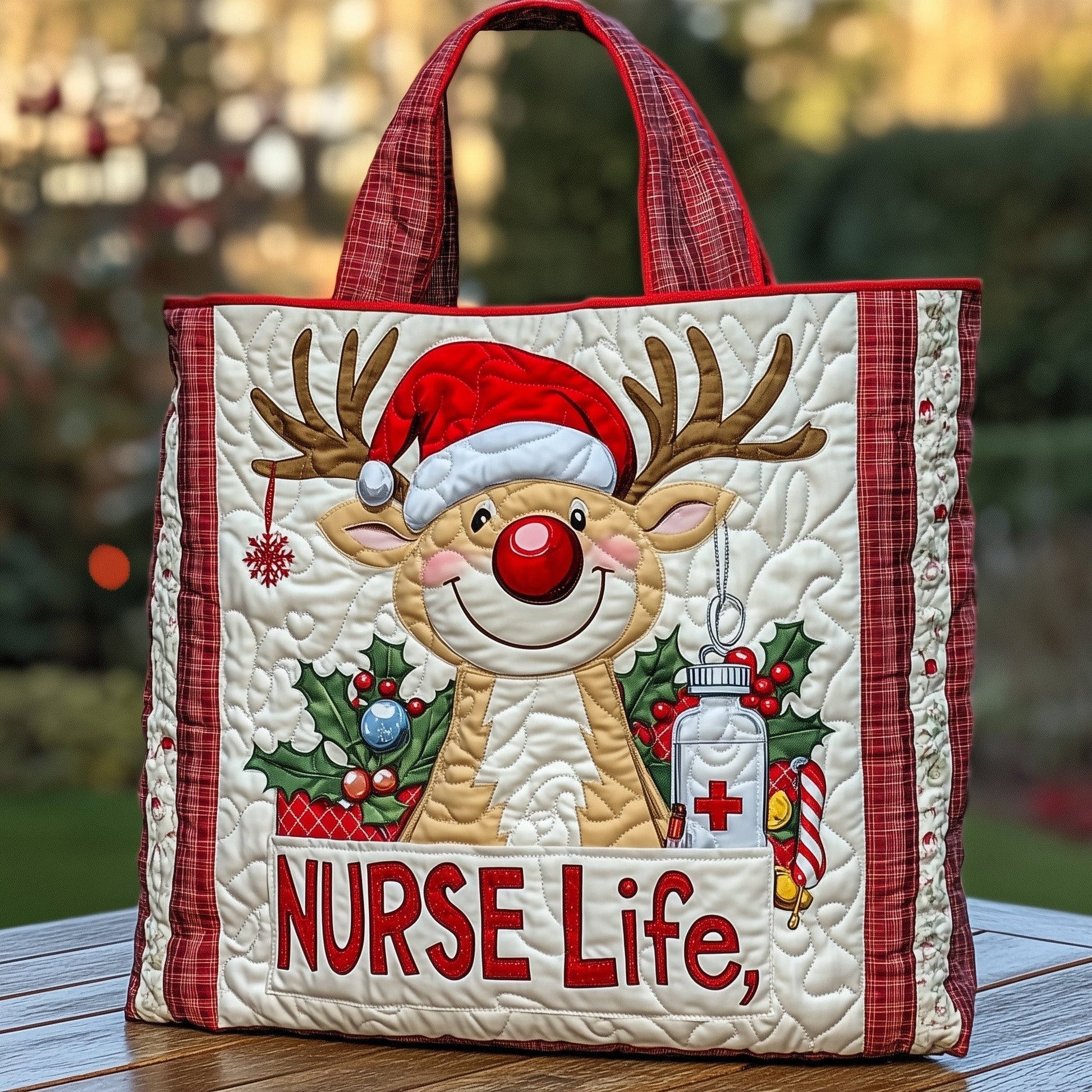 Reindeer Nurse Theme Quilted Tote
