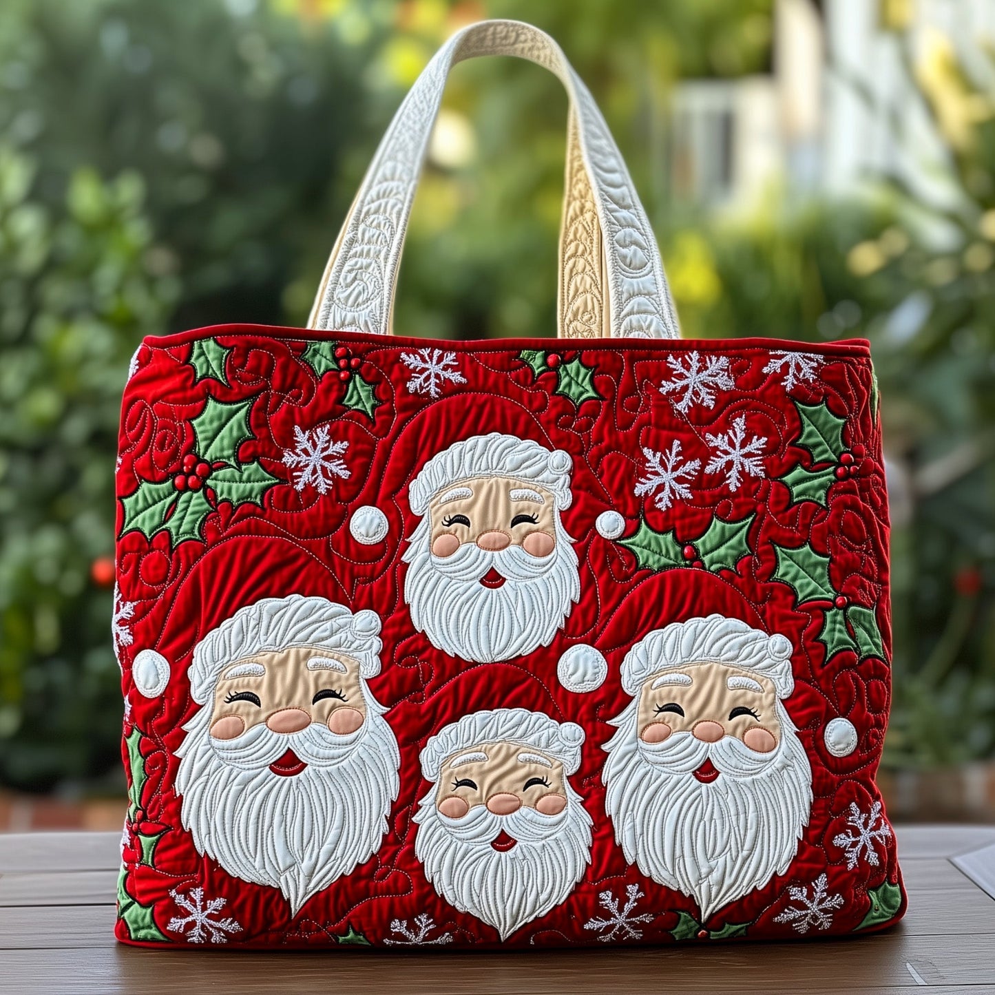 Smiling Santa Faces Quilted Tote