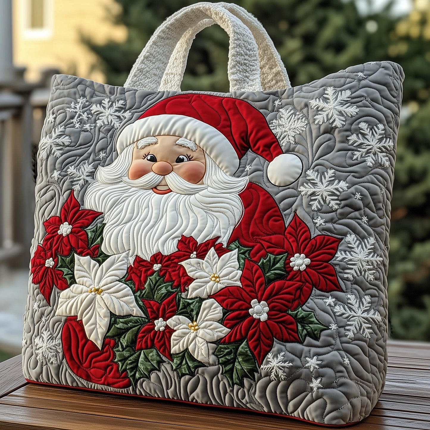 Santa Claus Poinsettias Quilted Tote