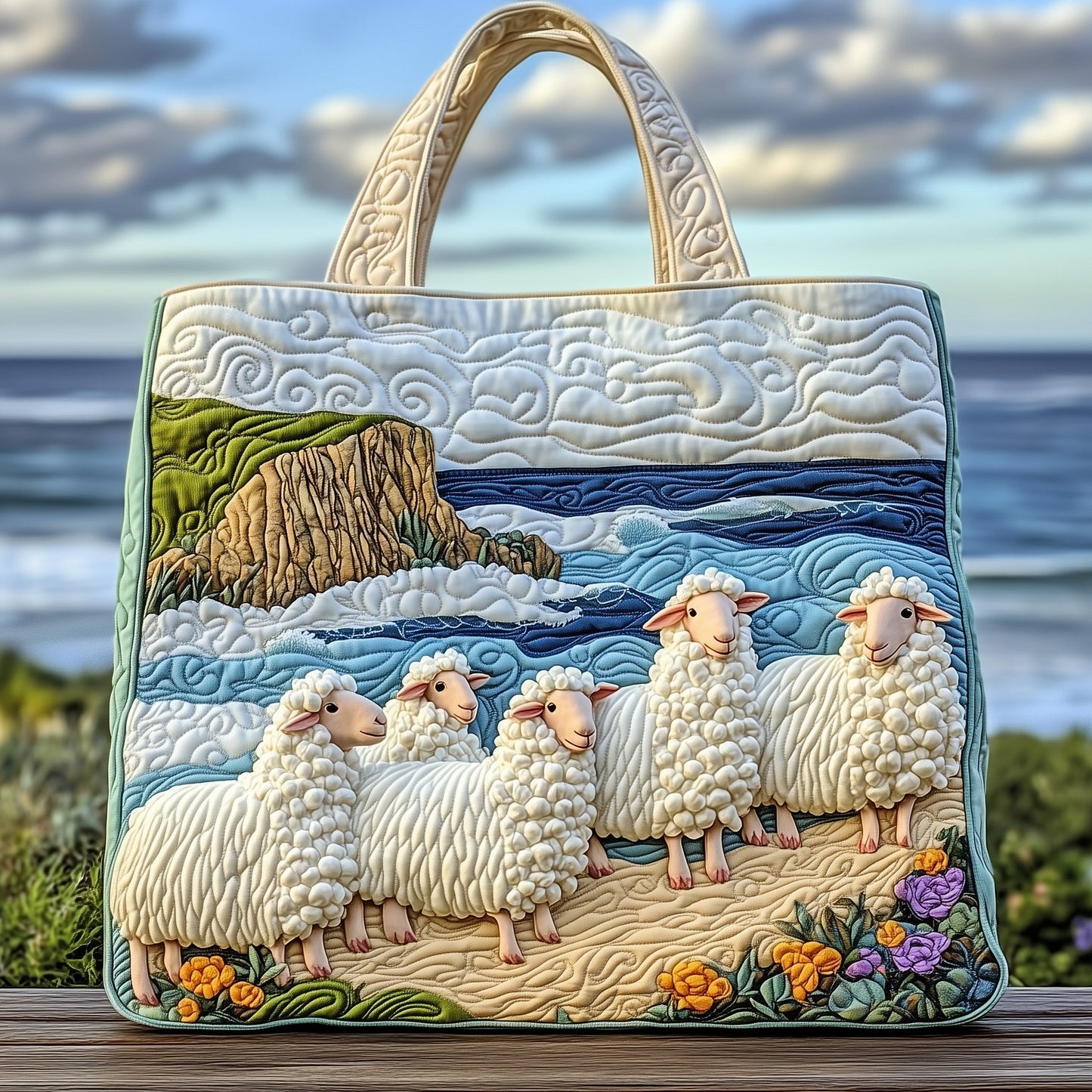 Sheep Meadow Scene Quilted Tote