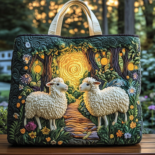 Two Sheep In Meadow Quilted Tote