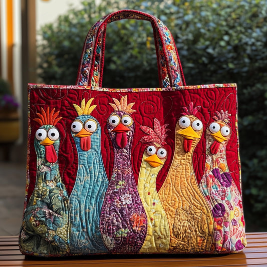 Colorful Cartoon Chickens Quilted Tote