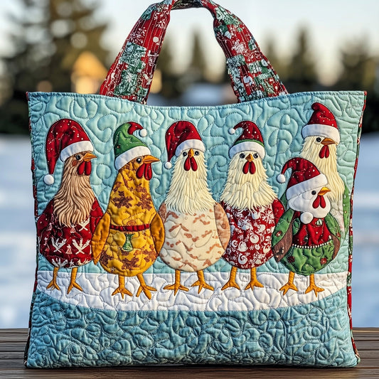 Chickens In Santa Hats Quilted Tote
