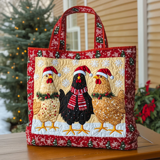Chickens Santa Hats Quilted Tote